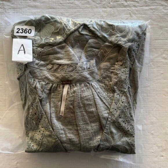 Free People Sivan Embroidered Top Green Puff Sleeve Blouse with Ruffled Small - Picture 14 of 16